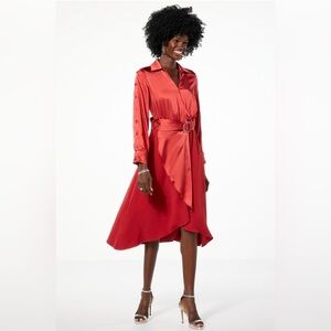 GREY by Jhoan Sebastian Grey Satin Shirt Dress Deep Coral Elegant Cocktail Party